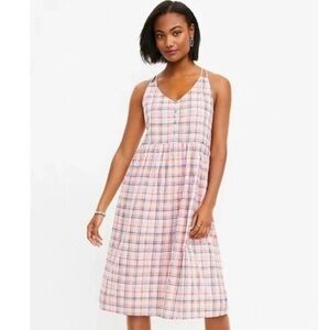 Loft Pink Plaid Gingham Strappy Button Front Midi Dress Womens Size 2 NWT Preppy